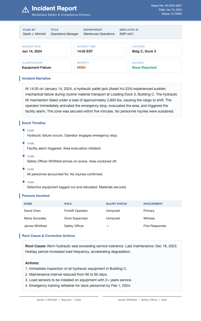 Medical report standard incident report